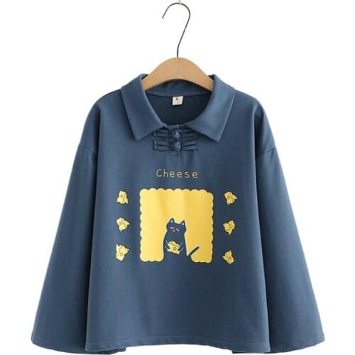 Women Sweatshirts Cartoon Cat Print Harakuju Hoodies 2020 Autumn Flare Sleeve Turndown Collar Cotton Pullover Korean Tracksuits