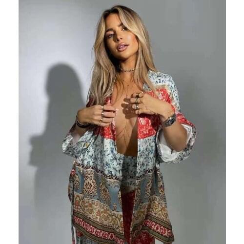 XIKOM 2021 Women Two-piece Set Flowers Print Pink Kimono Vintage Long Sleeve Belted Shirt Female Fashion Beach Trousers Suits