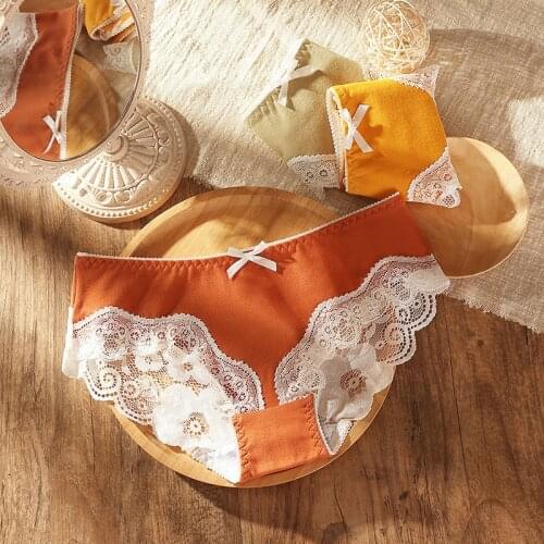 Womens Cotton Underwear Plus Size Womens Bow Panties Sexy Lace Underpants Mid Waist Hollow Out Briefs Female Sexy Lingerie