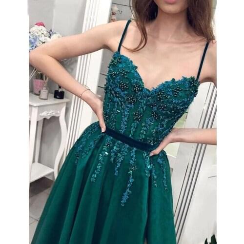 Green Spaghetti Straps Woman Dress Maxi Long Elegant Evening Party Sweetheart A-Line Green Tulle Prom Gown 2020