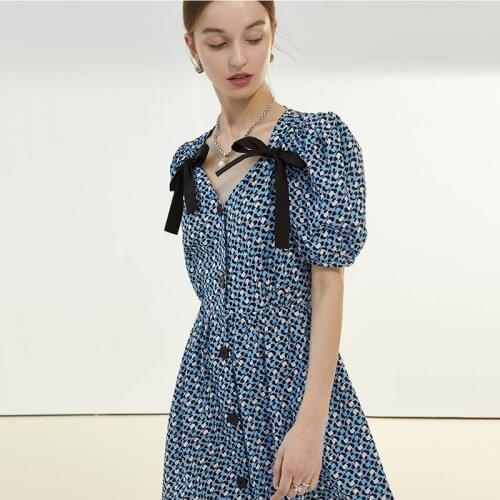 Bella new Vintage Elegant Summer Women Puff Sleeve Bowknot Single Breasted Casual Dress France Chic Retro Midi Long Dress Elbise