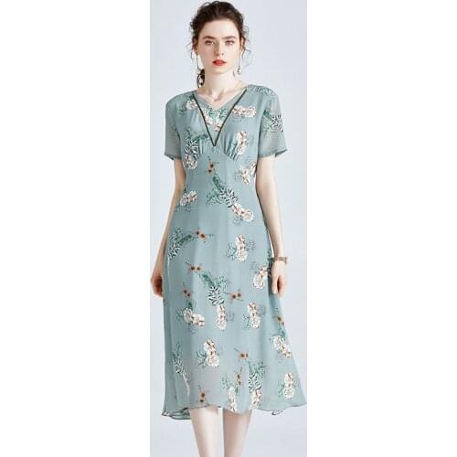 Light Blue Floral Silk Crepe Dresses Women Fashion 21 Summer Long Casual Sexy Office Work Daily Dress Plus Size Slim Fit A Line