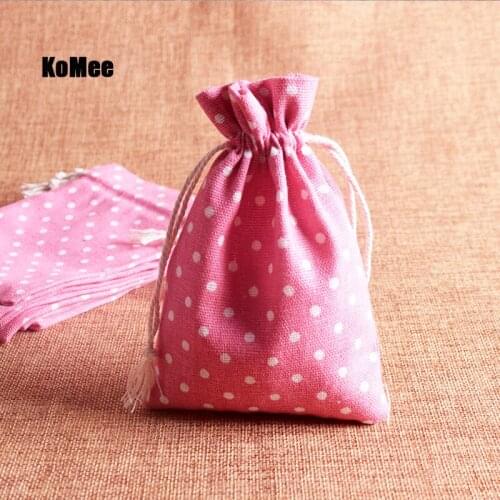 10pcs 10x14cm 3.93" x5.51" Pink Dots Cut Cotton Linen Bags Drawstring Gift Bag Jewelry Bracelets Cosmetic candy Packaging Bag