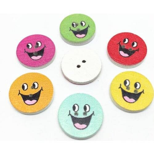 100pcs 17mm Wooden Round With Smiles Painted 2 Holes Buttons Sewing Accessories DIY Button Embellishments Scrapbook Crafts