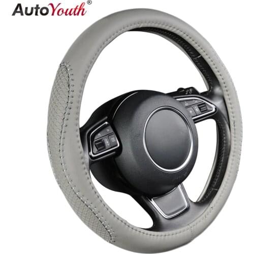 AUTOYOUTH Gray PU leather Steering Wheel Cover Fish Scale Pattern Splice Bold Line Fits 38cm/15 inch Diameter