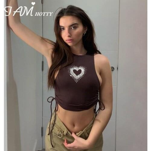 Heart Graphics Shinny Diamond Patches y2k Brown Tank Top Casual Side Ruched Drawstring Summer Camisole Female Sports Iamhotty