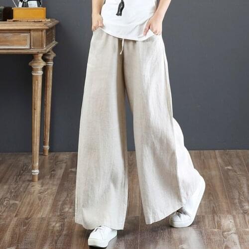 Plus Size Women Cotton Linen Wide Leg Pants New 2020 Autumn Vintage Solid Color Loose Comfortable Ladies Casual Trousers S1824