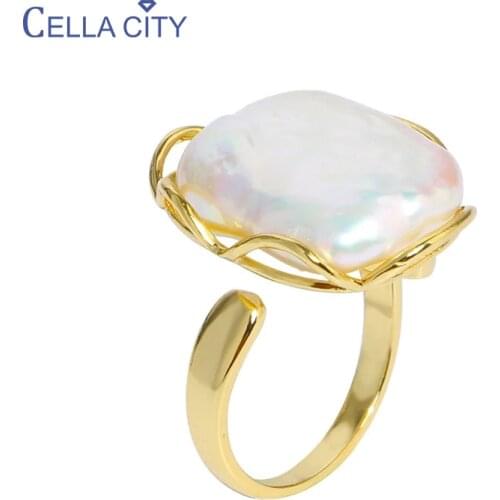 Cellacity Luxury Rings for Women Charms Silver 925 Jewelry Geometry Natural Freshwater Pearl Female Gift Baroque style Resizable