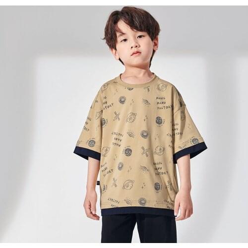 Hollead 2021 Summer Fashion Children T-Shirts Cartoon Planet Print Cotton Patchwork Clothes Khaki Sleeve Tshirt Fit 4-15 Years