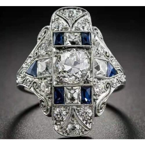 Unique Ladies Retro Style Geometric Inlaid White Zircon Blue Pattern Ring For Women Fashion Girl Holiday Jewelry