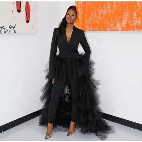 Black Pant Suit Women Party Formal Dresses Evening with Tiered Tulle Train V Neck Long Sleeves Prom pant suit Vestidos