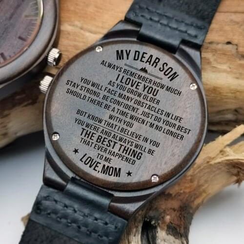 Leather watch with sandalwood watch Carved blessing on the back, mother gave her son a graduation birthday present