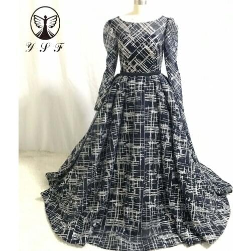 Best Selling Vestidos De Formature Dark Navy O Neck Bling Bling Sheer Back Pleated Long Sleeve A Line Prom Dresses