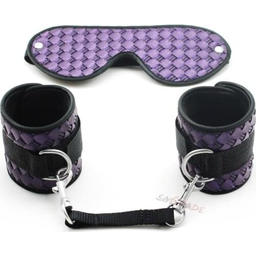 Smspade 2pieces/lot Purple PU Fetish Bondage Kit, Erotic Handcuffs Blindfold Accessories Restraints Set BDSM Sex Adult Products