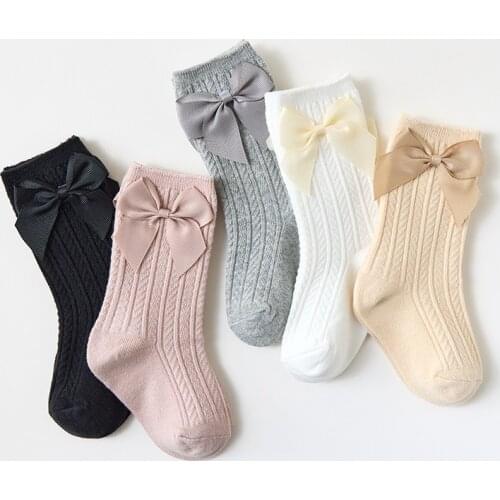 Baby Girls Socks New Toddlers Big Bow Striped Solid Color Knee Long Soft Kids Socks Bowknot Cotton 0-5 Years Newborn Baby Socks