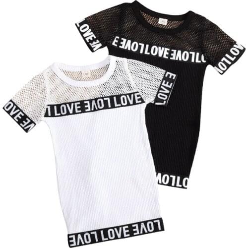1-5Y Infant Kids Baby Girls Casual Dress Net Letter Print Short Sleeve Straight Mini Dress 2 Colors