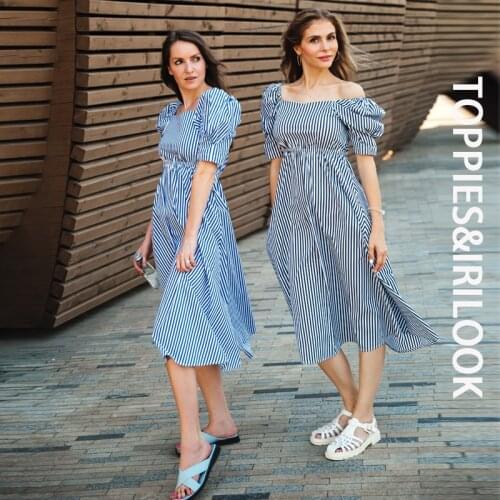 Toppies Sexy Square Collar Striped Midi Dresses Shot Puff Sleeve Summer Dresses Women Elegant A-line Vestidos