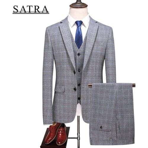 Satra 2021 New Arrival High Quality Three-piece Male Casual Business Plaid Suit , Mens Fashion Boutique Wool Plaid Dress Suit
