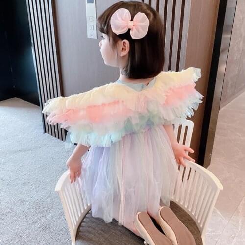 Girl bow mesh dress 2021 summer new Rainbow wings dress children princess dress kids Birthday dress toddler clothes wz113