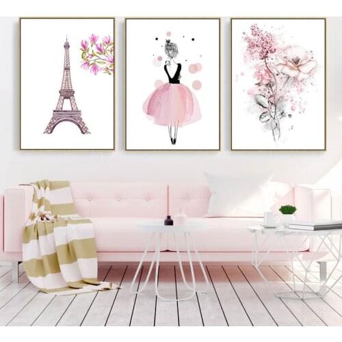 Nordic Pink Poster Print Paris Tower Picture Dancing Girl Flower Canvas Painting Wall Decoration Kids Nursery Room Or Bedroom
