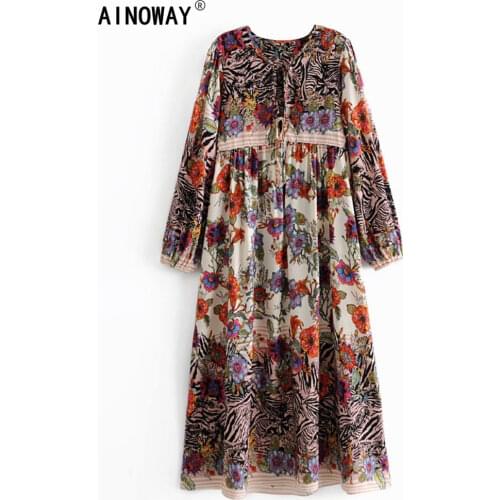 Vintage chic Women Floral print long sleeve lace-up tassel beach Bohemian dress Ladies V neck Summer Boho midi dress vestidos