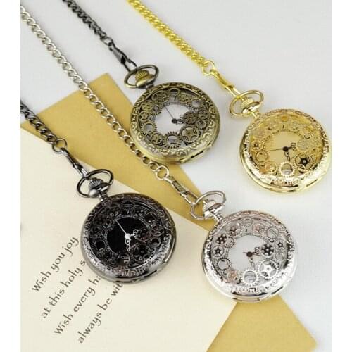 Vintage Hollowed Gear Quartz Pocket Watch with Chain Men Women Pendant Gift Watches 4 Colours Wholesale