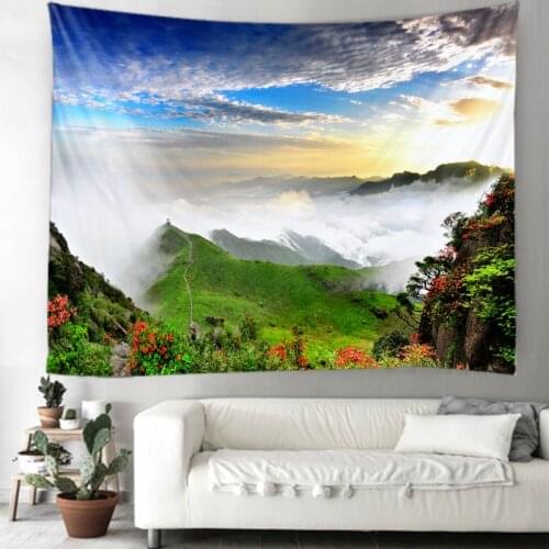 Green hills and white clouds landscape tapestry hippie bohemian wall decoration tapestry bedroom decoration tapestry