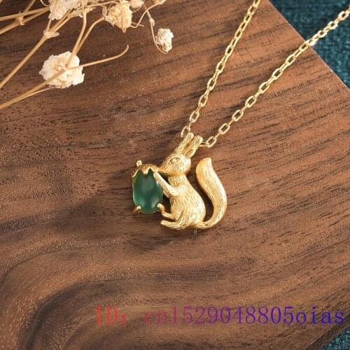 Green Jade Squirrel Pendant Amulet Chalcedony Gemstone Necklace 925 Silver Natural Chinese Crystal Jewelry Women Charm Zircon
