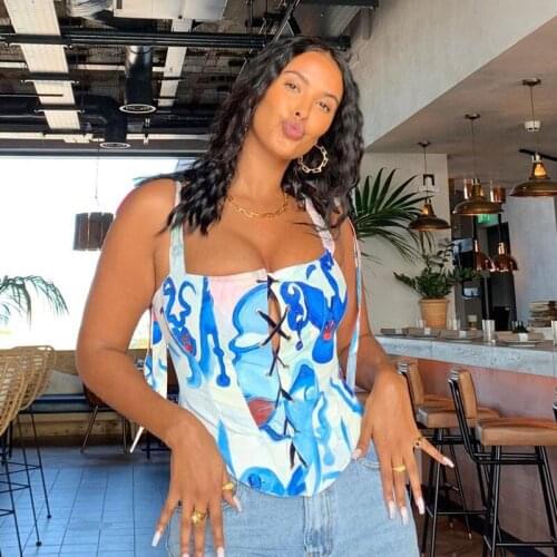 Hollow Out Lace Up Camisole Womens Sexy Crop Cami Top Summer Spaghetti Strap Boat Neck Strappy Push Up Bustier Corset Jumper