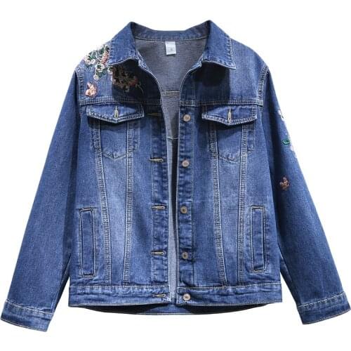Womens Spring Autumn Long Sleeve Floral Embroidery Short Blue Denim Jacket Female Elastic High Waist Plus Size Outwear TB417