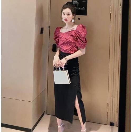 New arrival fashion two piece set women summer elegant vintage puff sleeve print temperament slim two piece sets top and skirt