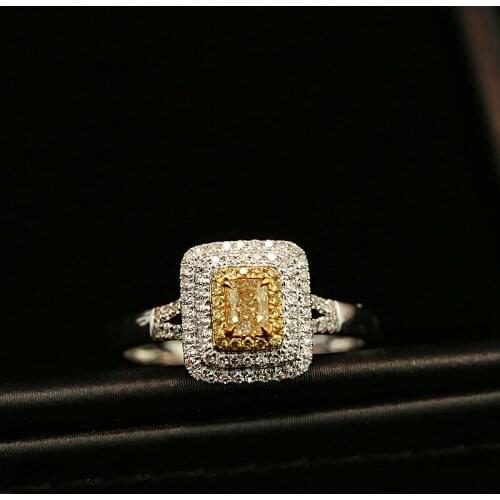 Solid 18K White Gold Yellow Moissanite Centre 1ct Princess Ice Cut Ring Double Halo Round Moissanite Fine Gold Jewelry For Women