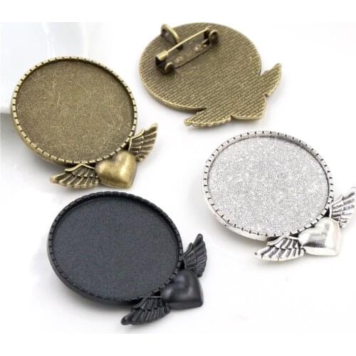 5pcs 30mm Inner Size Antique Bronze Antique Silver Plated Black Heart Wing Brooch Style Cabochon Base Setting Charms Pendant
