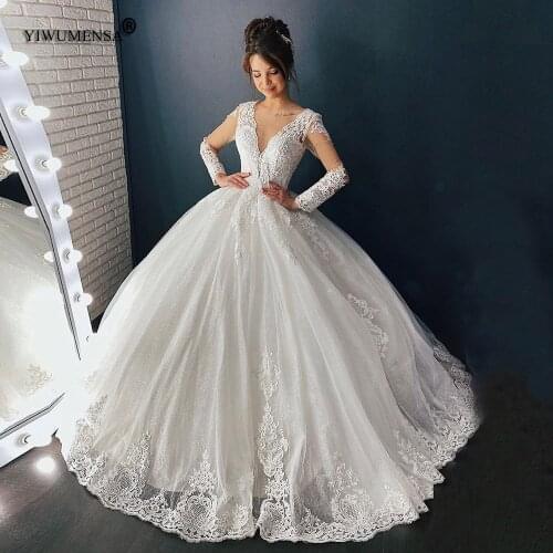 Robe de Mariee Princess Nude Tulle Scoop Neck Bridal Ball Gown Long Sleeves Lace Appliques Luxury Wedding Dress Boho Sweep Train