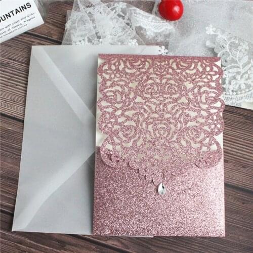 Glittery diamond laser cut invitation card pocket with transparent envelop rose pattern gold silver ball invite friends