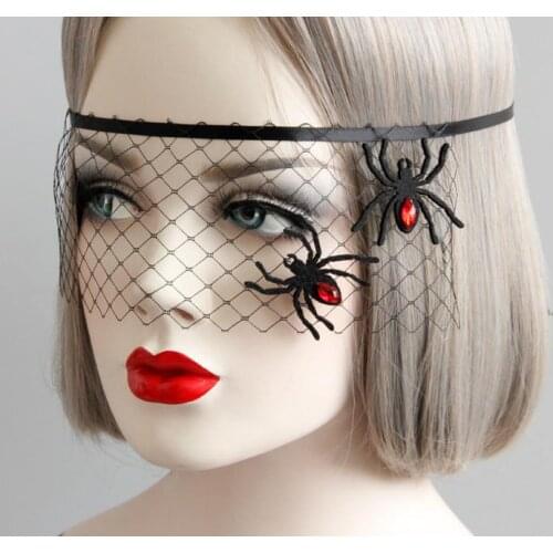 Halloween Black Net Veil with Spider Womens Prom Costume Masquerade Ball midnight party Mask Hen Night COS Witch devil Accessory