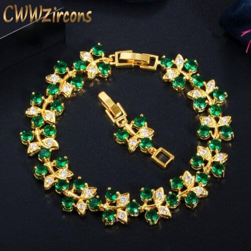 CWWZircons Cute Leaf Design Indian Yellow Gold Color Green Cubic Zirconia Stone Bracelet Bangle for Women Jewelry Gift CB216