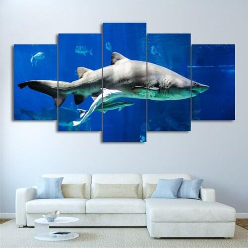 Home Decor Living Room Wall Art 5 Panel White Shark Painting Blue Ocean Painting Modular Picture Unframed HD Printed Modern