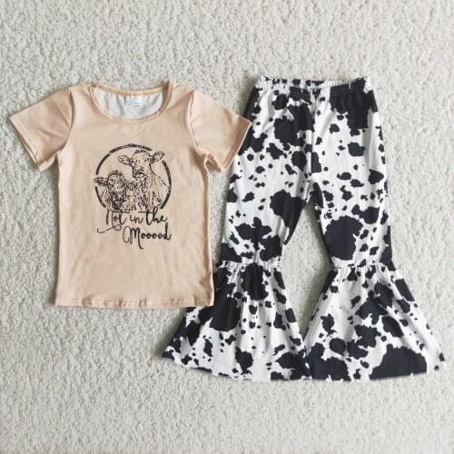 Summer Not In the Mooood T-Shirt & Cow Print Bell Bottom Pants Baby Girl Milk Silk Boutique Set