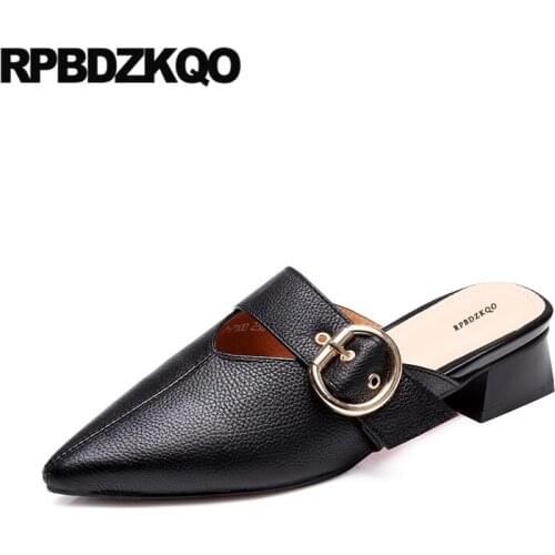 Metal belts 2019 pointed toe black leather pumps low heels sandals mules slipper thick ladies beige luxury genuine shoes block