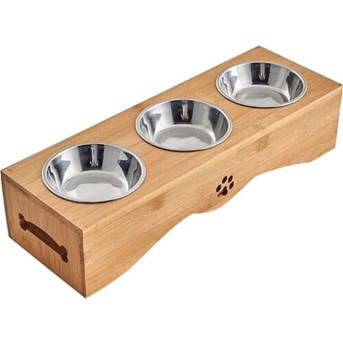Food Water Bowl Stainless Steel Food Water Feeding Bowl for Dogs Cats Bamboo Stent Pet Triple Bowl Natural Wood Pet Tableware