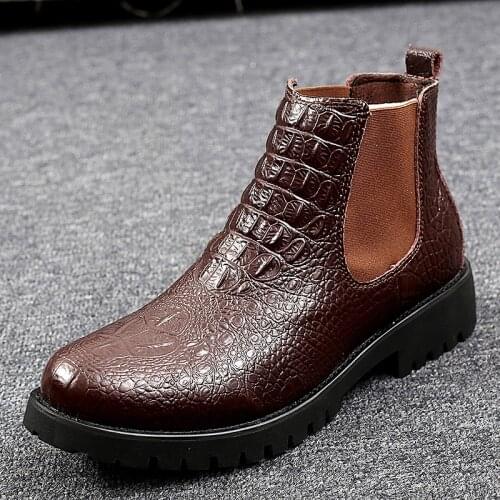 Mens Boots High Quality Men Chelsea Boots Autumn Winter Ankle Boots Plush Warm Outdoor Snow Shoes Crocodile Pattern Casual Shoes