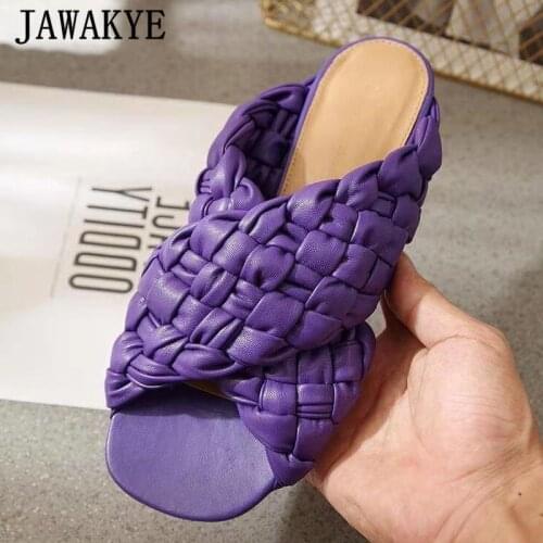 Padded Leather Mules Women Summer Slides Multicolor Open Toe Cross Woven Flat Slippers Comfort One-pedal Casual Beach Flipflops