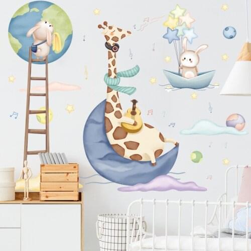 Giraffe playing guitar Wall Stickers for Kids room Living Room Bedroom Cartoon Murals Home Decor Removable Decal
