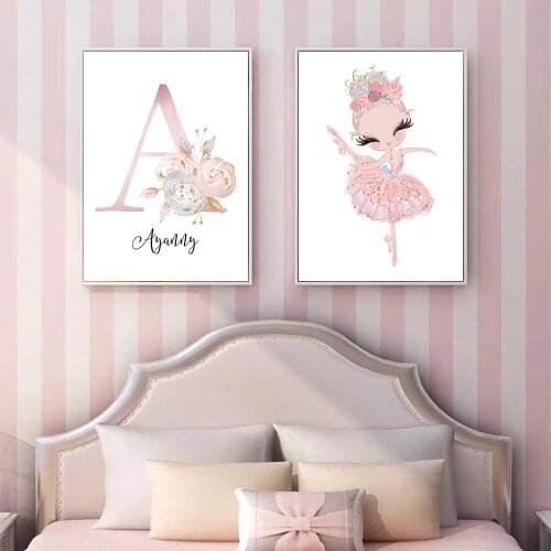 Canvas Painting Nursery Wall Art Rabbit Poster Custom Name Posters Ballet Girl Print Nordic Pictures Baby Girl Room Decor