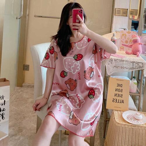 Summer Casual Nights Womens Silk Short Sleeve Nightgown Oversize Sleep Shirt Cute Print Sleepwear for Women Pj Nightdress
