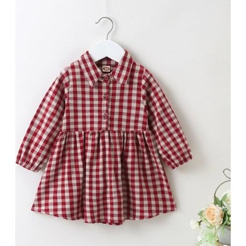 New Fall Spring Baby Girl Dress Sweet Plaid Single Breasted Collar Long Sleeve Princess Dress Casual Toddler Girl Clothes 0-24M