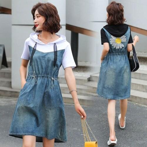 New Summer Small Daisies Women Dresses Plus Size Casual Drawstring Slim Hooded Patchwork Jeans Dress For Females Denim One-Piece