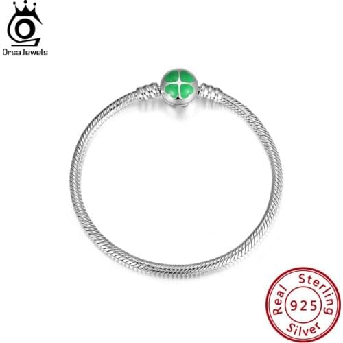 ORSA JEWELS 100% 925 Sterling Silver Green Clover Trendy Basic Charm Bangle & Bracelet with for Women DIY Jewelry CBB04