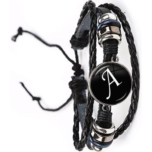 Simple Fashion Initial Alphabet Men Leather Bracelet Braided Punk Rock 26 Letters A-Z Glass Bracelet Jewelry Gift For Men Women